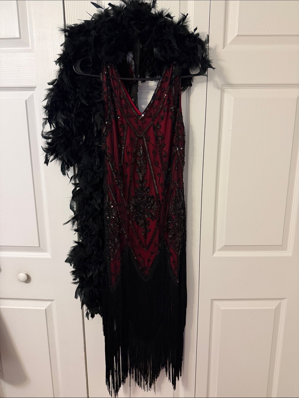 Beaded Burgundy Fringe Flapper Dress with Feather Detail - Picture 2 of 4